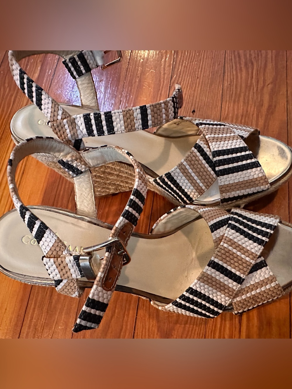 Cole Haan Espadrille Wedge Sandals 7B | Woven Raffia Stripe Bow Ankle Strap - Picture 2 of 8